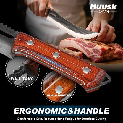 Huusk Hand Forged Carving Knife - Japanese Razor Sharp Butcher Knives for Meat Cutting, Curved Brisket Slicing Knife with Ergonomic Full Tang Handle, Gift for Men and Women