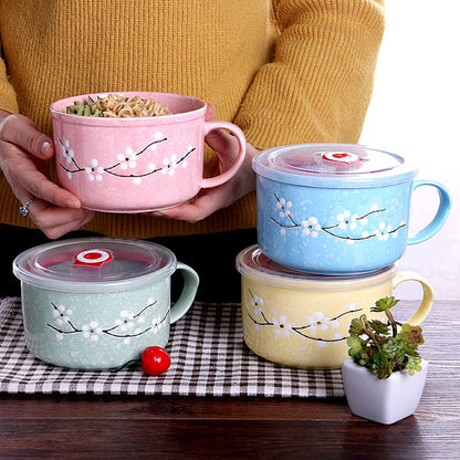 BxuxJar 4 Pack 30 oz Ceramic Bowl with Lid and Handle, Hand Painted Microwave Soup Bowl with Lid, Cute Microwave Ramen Bowls for Noodles, Porridge, Rice, Dishwasher Safe