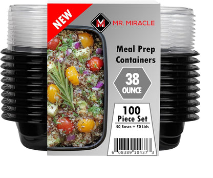 Mr Miracle Meal Prep Containers with Lids, 50 Pack, 38 Oz Leakproof Disposable Food Containers