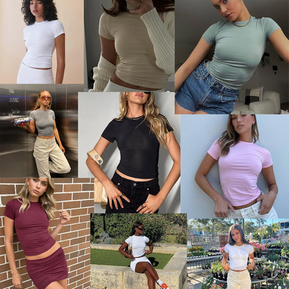 Abardsion Women's Casual Basic Going Out Crop Tops Slim Fit Short Sleeve Crew Neck Tight T Shirts 2025 (Navy Blue, L)