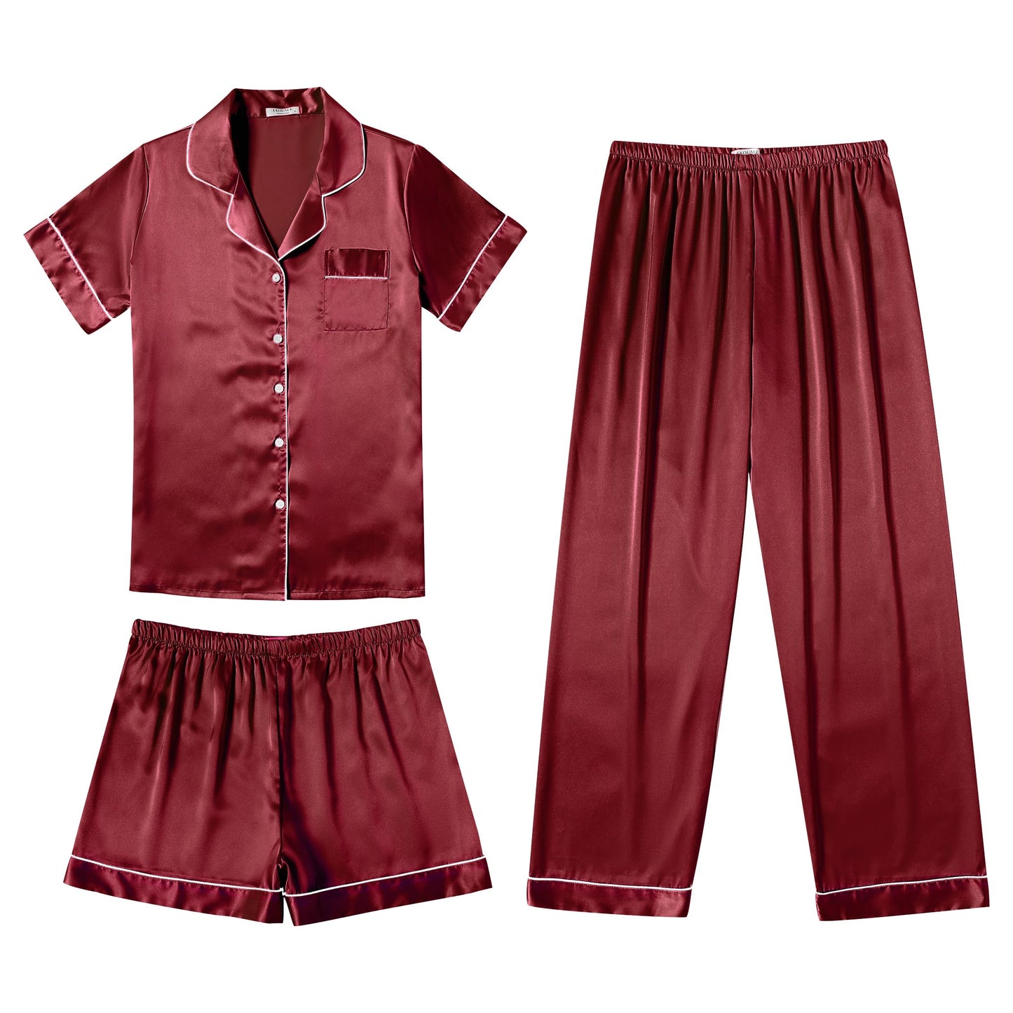 Ekouaer Silk Pajamas for Women Set Satin Pjs Soft Short Sleeve Button Down Sleepwear 3 Piece Loungewear S-XXL