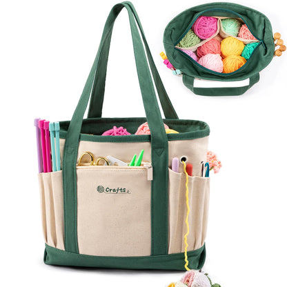 MYBAGZING Canvas Yarn Storage Organizer Bag Washable Crochet Bag with Pockets for Yarn, Hooks, Needles – Travel Knitting Tote for Crafters – Gift for Crocheters & Knitters (Medium/Large)