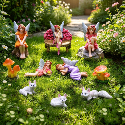 Miniature Fairy Garden Accessories Set - 5 Resin Fairies (Sleeping, Sitting on Stone/Stump/Bench) with 3 White Fox Statues & 2 Spotted Mushrooms - Whimsical Forest Decor for Terrarium, Patio & Gifts