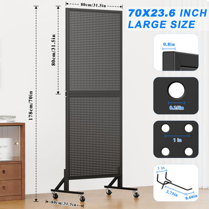 Folews 24″ x 70″ Pegboard Display Stand, Freestanding Metal Peg Board Display with 30 Hooks & Wheels Portable Standing Pegboard Rack for Vendor Retail Craft Show Fair Garage DIY, Black