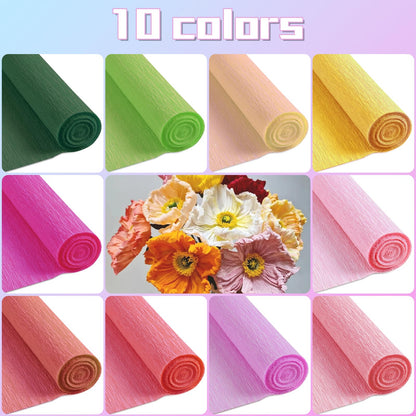 10 Roll Crepe Paper Streamers Rolls,10 Rainbow Colors,Floral Wire Ribbon Included,DIY Papel Crepe Flower Kit for Birthday, Wedding, Valentine's Day(9.8x98Inch/Roll) (Rainbow Colors)