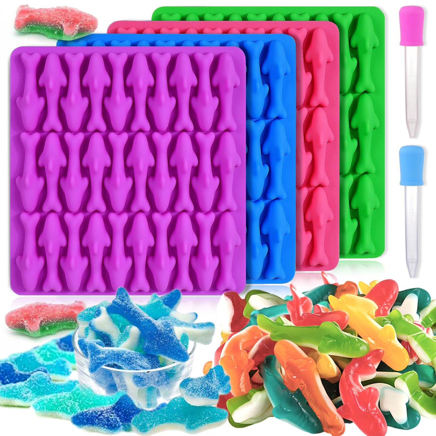 Palksky Gummy Sharks Molds Silicone, 4 Pack 30 Cavity Mini Sharks Candy Molds,3D Small Blue Shark Gummies Mold, Candy Making Supplies for Candy/Friut Snack