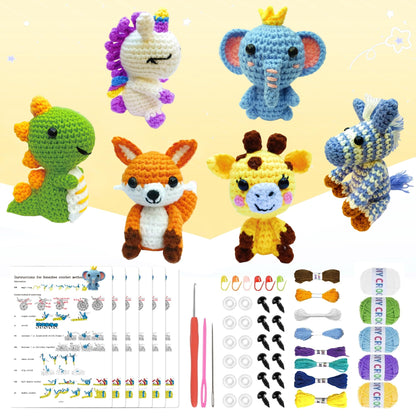 OLHKYN 6Pcs Crochet Kit for Beginners, 2026 DIY Craft for Adults, Great Gift for Crochet Lovers, Crocheting Animal Kits with Step by Step Videos,Yarn,Crochet Hook,Birthday Holiday Gift