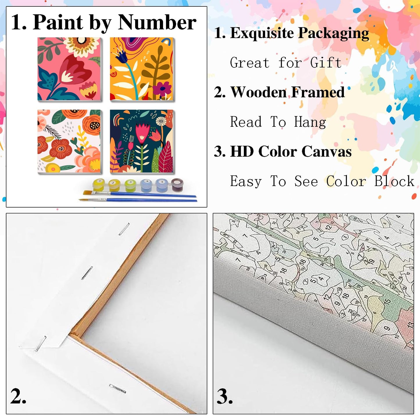 eimivrc 4 Pack Paint by Numbers Kit for Adults Framed,Flowers Paint by Numbers for Adults Beginner,DIY Acrylic Oil Painting for Home Wall Decor(8x8inch)