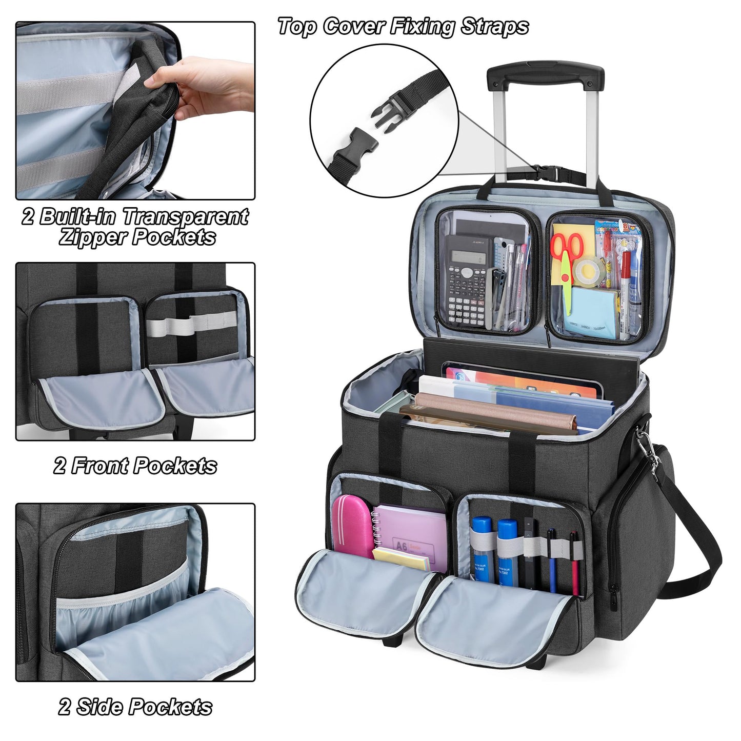 CURMIO Rolling Teacher Tote Bag with Padded Laptop Compartment for up to 15.6 Inches Laptop, Wheeled Teacher Bag for Teaching, Office, Craft, Black