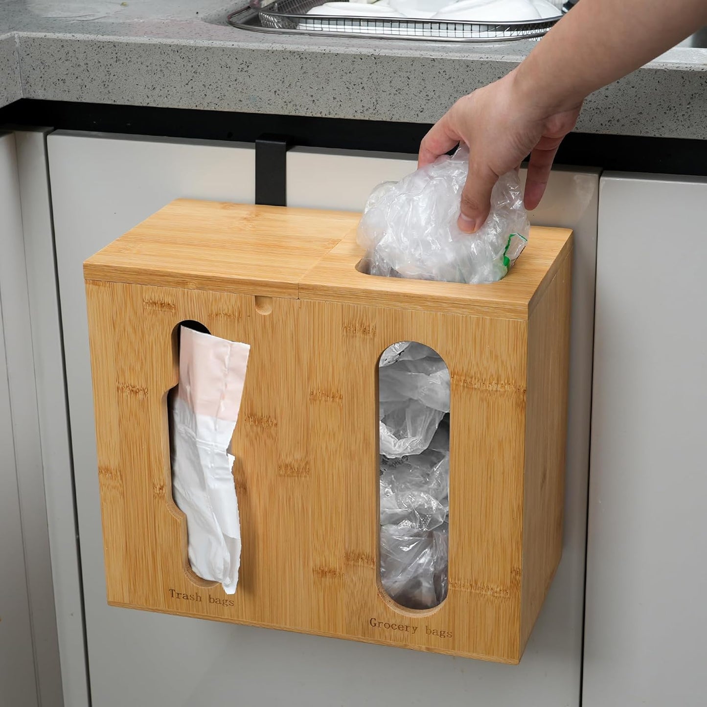 2 1 Trash Bag Dispenser & Grocery Bag Organizer, in Bamboo Garbage Bags Storage Box for Cabinet Door, Under Sink