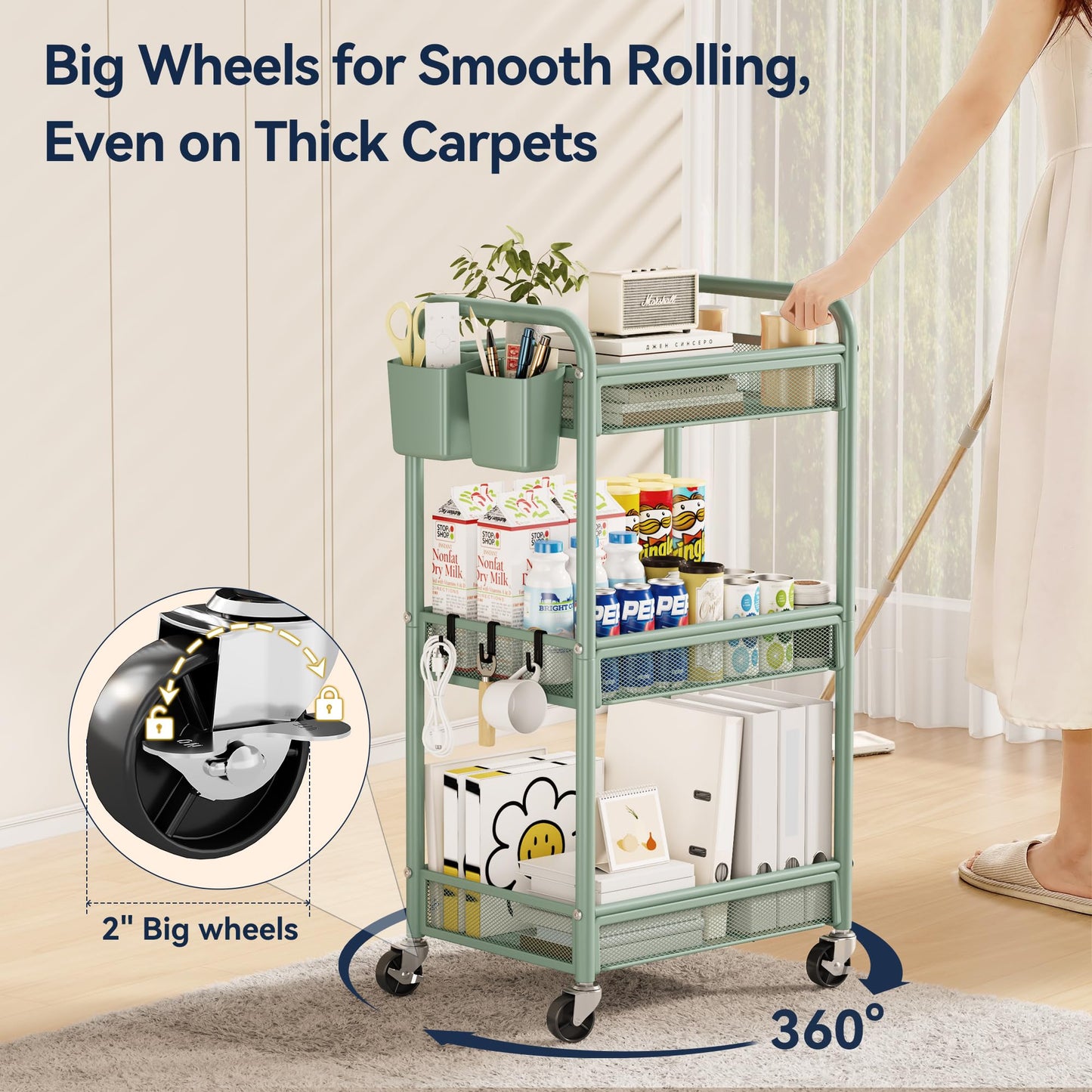 YASONIC 3 Tier Rolling Cart – Metal Utility Storage Carts with Wheels, Craft Carts Organizer with Hanging Cups, Hooks, Mesh Basket for Bedside Kitchen Office Art, Green