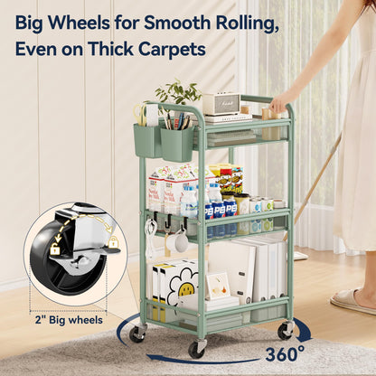 YASONIC 3 Tier Rolling Cart – Metal Utility Storage Carts with Wheels, Craft Carts Organizer with Hanging Cups, Hooks, Mesh Basket for Bedside Kitchen Office Art, Green