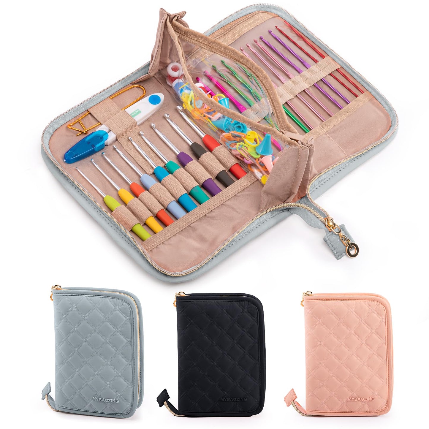 MYBAGZING Crochet Hook Case – Empty Organizer with 24 Slots for Crochet Hooks & Ergonomic Aluminum Crochet Needles, Zipper Pocket for Accessories and Supplies