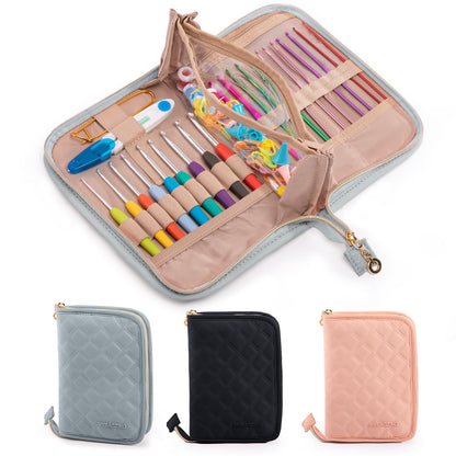 MYBAGZING Crochet Hook Case – Empty Organizer with 24 Slots for Crochet Hooks & Ergonomic Aluminum Crochet Needles, Zipper Pocket for Accessories and Supplies