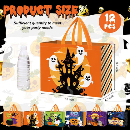 Sweetude 12 Pcs Large Halloween Tote Gift Bags with Handles Bulk Halloween Trick or Treat Bags Non-woven Reusable Pumpkin Ghost Bat Monster Tote 13inch for Gifts Wrapping Party Favor Supply