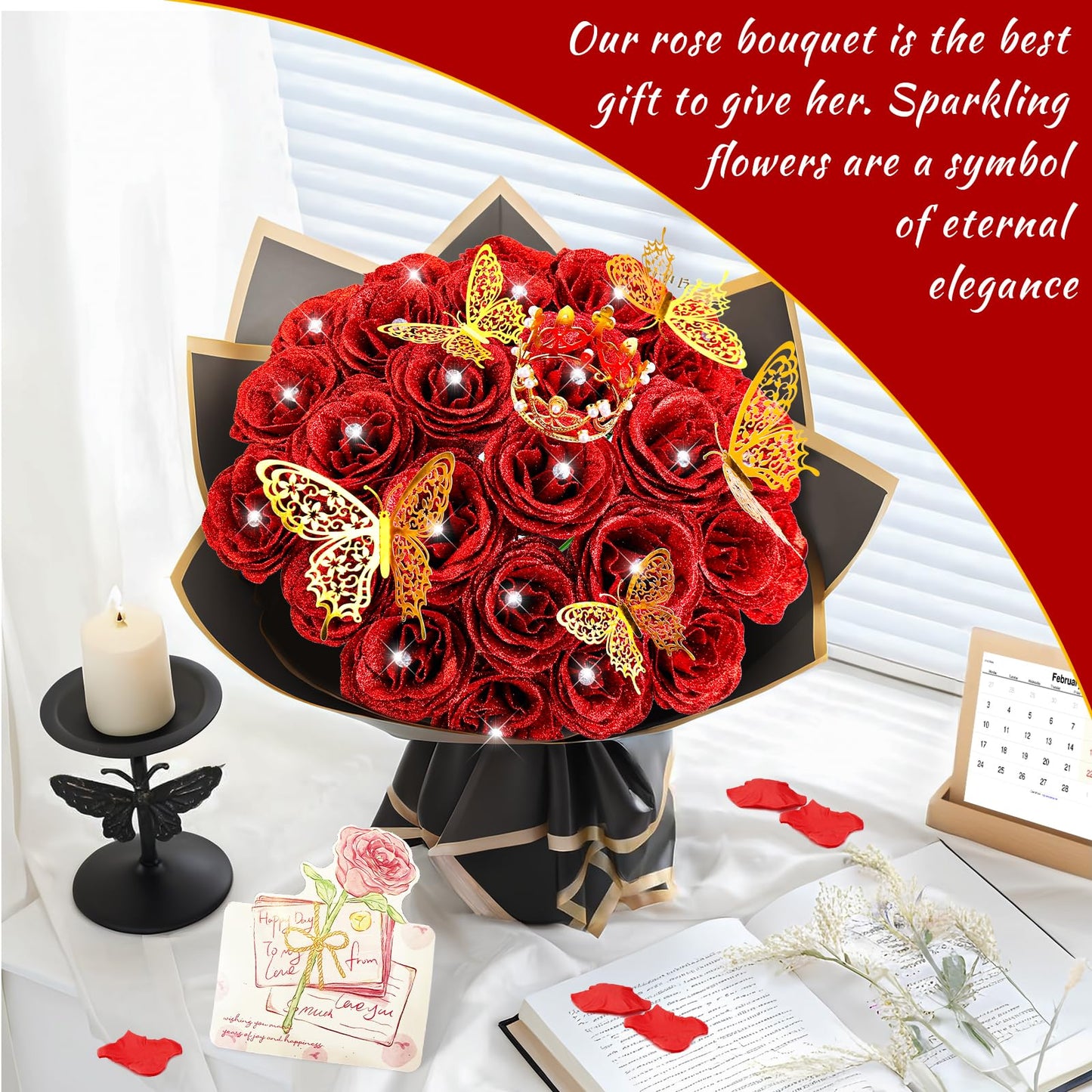 28 Red Glitter Roses Bouquet, 2026 Graduation Flowers Bouquet for Her DIY Fake Artificial Flower Bouquet Kit with Diomand Pins,Red Roses for Anniversary,Weddings,Mothers Day