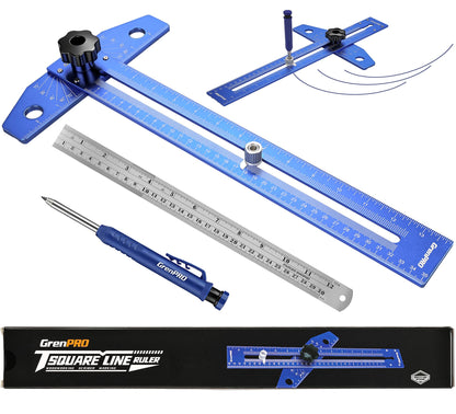 GRENPRO Woodworking Scriber Marking Line Ruler with Carpenter Pencil & Metal Ruler, Adjustable Aluminum Alloy Sliding T-Square Ruler, Measuring Angle Finder with Adjustment Scale,Drawing Aid Rule tool