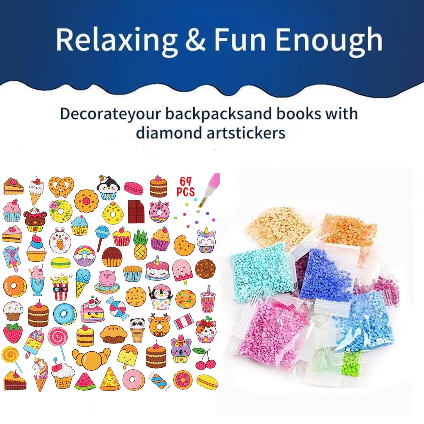69 Pcs Diamond Art Stickers Kits for Kids, DIY Cartoon Paint by Numbers Diamonds Mosaic Arts Diamond Craft Sticker for Adult Beginners