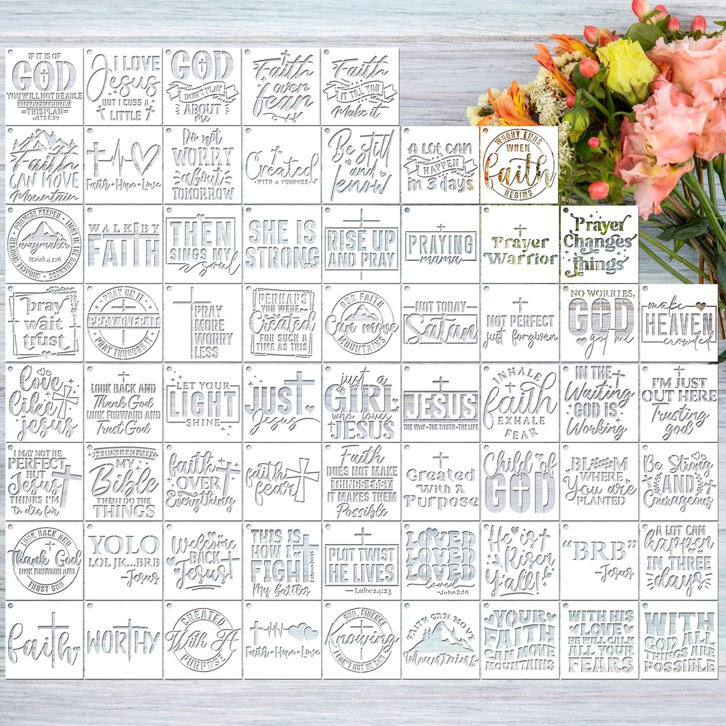 Bible Verse Stencils for Painting on Wood - 65 Pcs Small Christian Bible Reusable Stencils for Journaling Painting, Motivational Quotes Cross Stencils for Painting on Canvas Home Craft Decorations