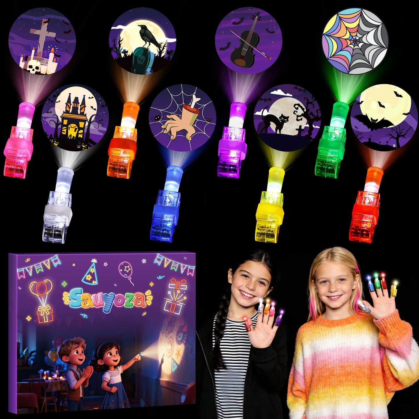 Sauyoza 36 Pack Gothic Party Favors LED Finger Lights, Wednesday Inspired Theme Birthday Goodie Bag Stuffers, Classroom Treasure Box Rewards, Halloween Party Supplies for Boys & Girls