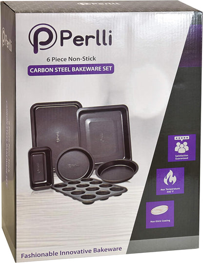 PERLLI Non-Stick Bakeware Set - 6-Piece Carbon Steel for Even Heat Distribution, Oven Safe to 446°F - Gray