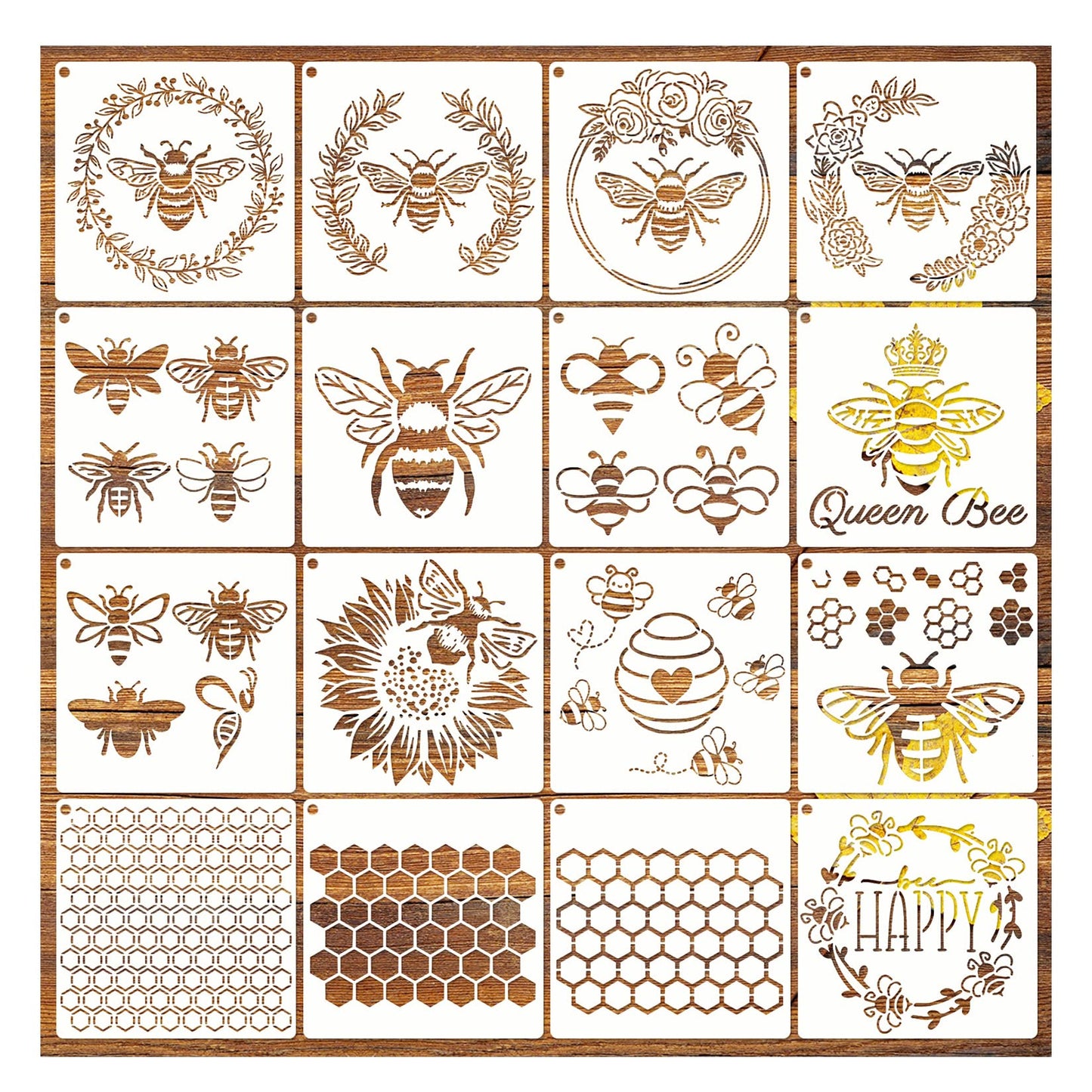 Bee Honeycomb Stencil, Reusable Bee Stencils for Painting on Wood Signs Furniture DIY Crafts Wall Canvas Fabric Plastic Drawing Template Hexagon Paint Wood Burning Stencils (16bee)