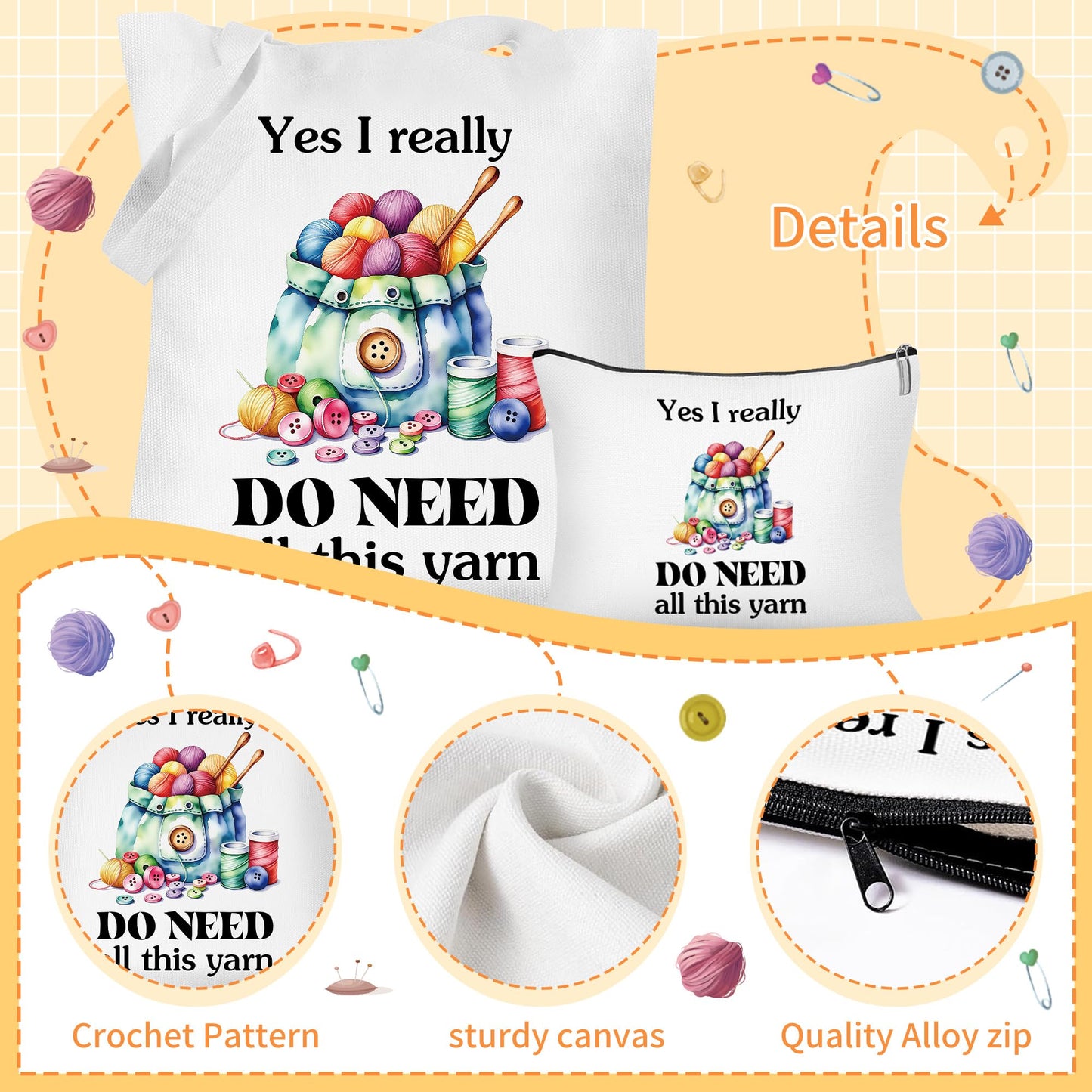 Canvas Crochet Tote Bag for Women - 2 Pcs Aesthetic Cosmetic Pouch Tote Bags, Yarn Pattern Fun Quote Design Reusable Grocery Bags, Gifts for Crochet Lovers Mom Friends