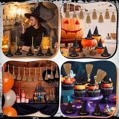 WinnerWhy 48 Pcs Mini Witch Hats and Broom for Crafts Halloween Wizard Accessories for Party Favors Decor (Black,1.5 Inches)