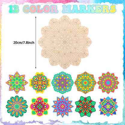 Vercraft 22 Pack DIY Wooden Mandala Art Set Diwali Crafts 10 Mandala Unfinished Wood Cutouts 12 Markers Lotus Flower Wood Painting Kits for Adults Painting, DIY Crafts Home Decors(Floral Style)