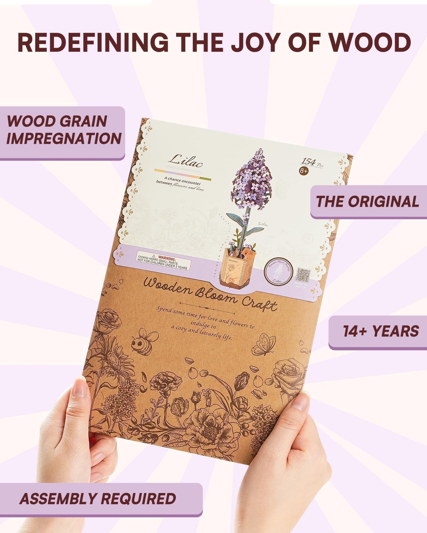 Wowood 3D Flower Wooden Puzzles for Adults-Lilac, DIY Wooden Flowers Model Kit Building Set Crafts Birthday Gifts, Artificial Botanical Collection Creative Gift Ideas/Housewarming Decor(154PCS)
