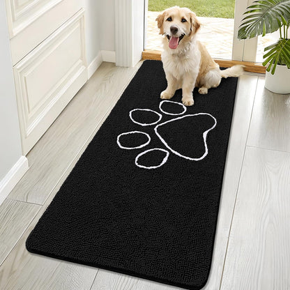 OLANLY Dog Door Mat - Absorbent Non-Slip Chenille for Muddy Paws | 70x32 Black Paw Print Design