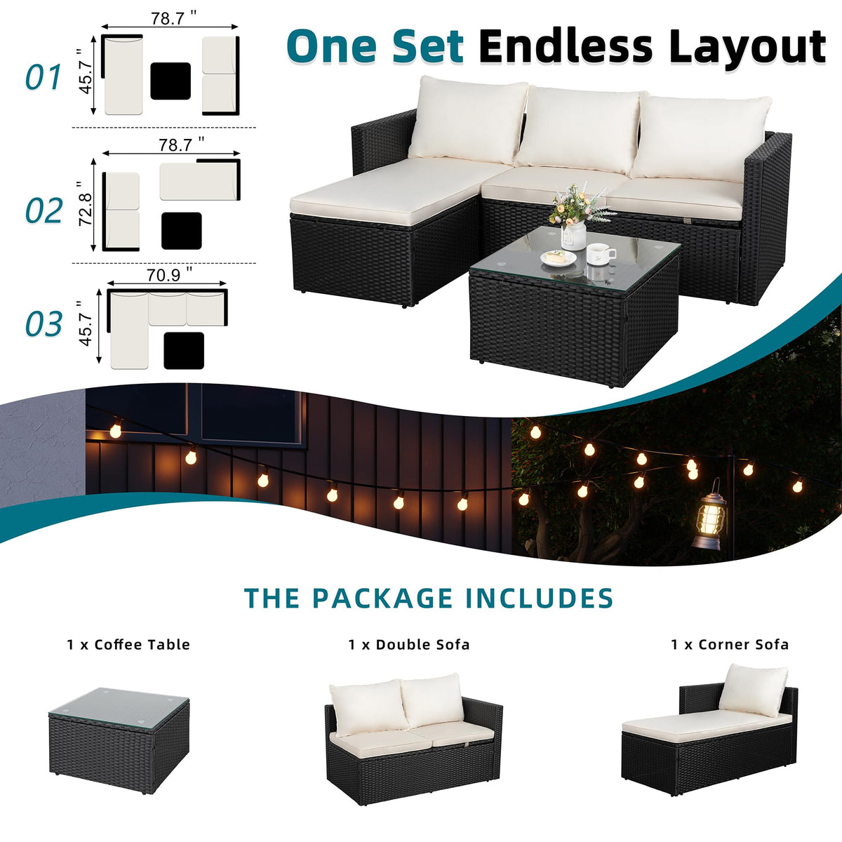 SUNLEI Patio Furniture Set with Detachable Soft Cushions, Outdoor PE Rattan Patio Conversation Sofa Set, 3-Piece Patio Sectional Sofa with Glass Coffee Table, Black Rattan/White
