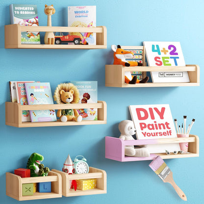 4 2 HOMEY PANDA DIY Wall-Mounted Nursery Bookshelves - Long + Mini Shelves, Kids Room Storage (DIY Paint Pine Wood)