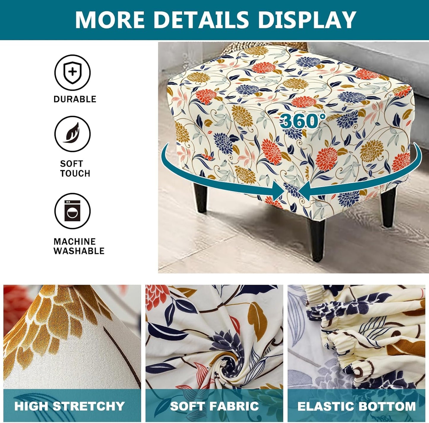 27"-35" 14 KRFOONN Stretch Ottoman Cover Slipcovers Rectangle Fit Length Footrest Stool Covers Printed Ottoman Cover