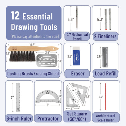 Mr. Pen- Professional Drafting Tools & Geometry Set with Case, 17 pcs, Mechanical Pencil, Fineliners, Scale Metal Ruler, Drawing Templates for Interior Design House Plan, Architect Protractor Set