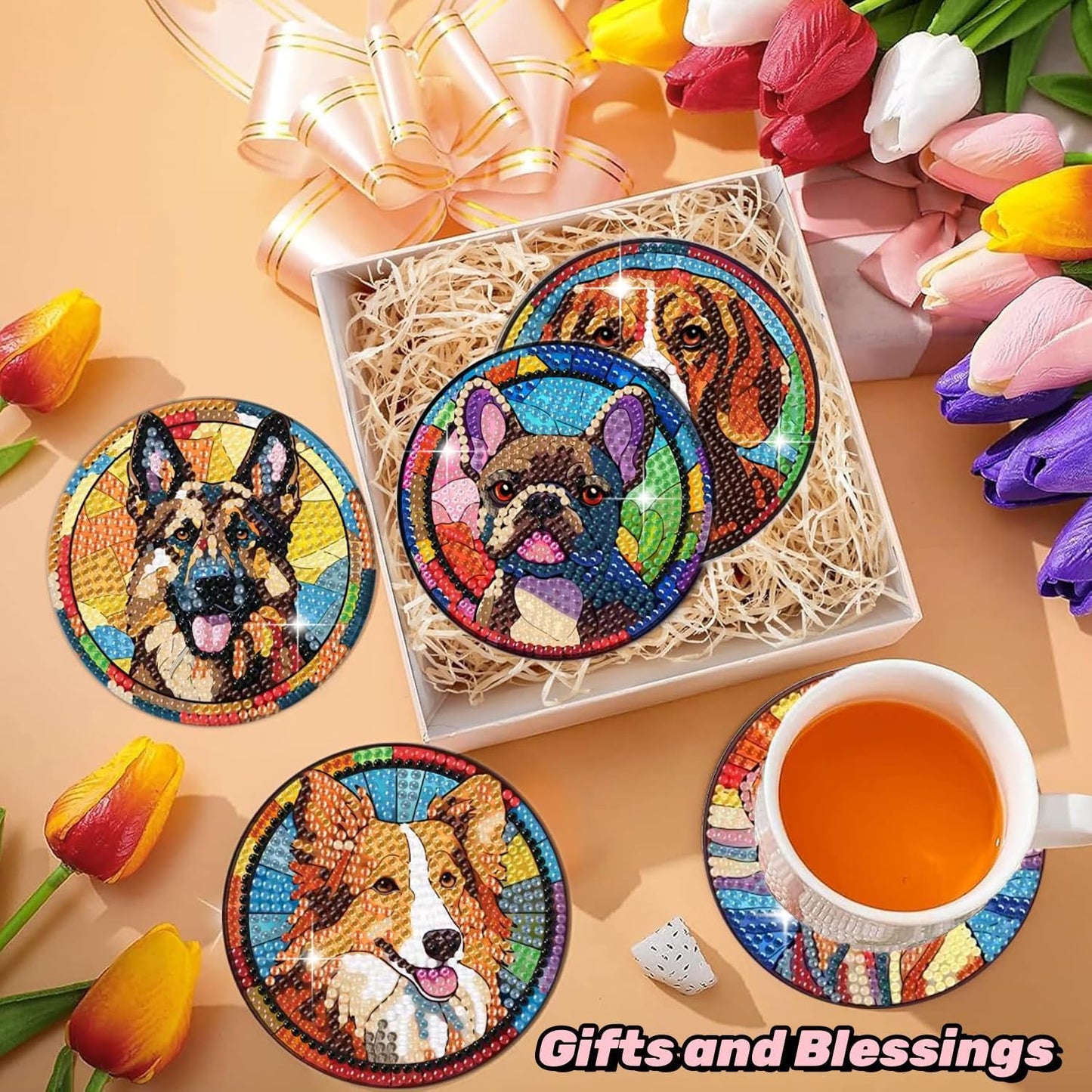 Puraikcmi 6pcs Dogs DIY Diamond Art Painting Kits Coasters with Holder, Diamond Coasters by Number Adults Crafts Full Drill Round Mosaic Stitch Art Craft Supplies