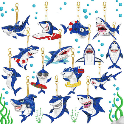 Henoyso 15 Pcs 5D Diamond Painting Keychains DIY Shark Diamond Art Keychain Kit for Kids Boys Girls Adult Mosaic Full Drill Pendant Phone Charm Bag Pendant Accessory Arts Crafts