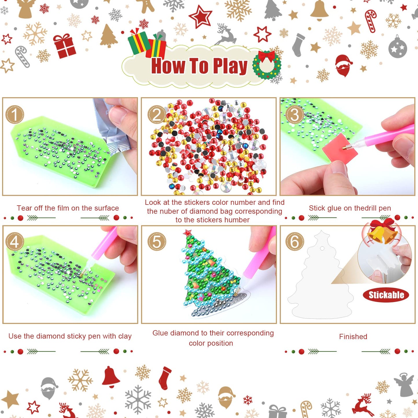 Hungdao 64 Pcs Diamond Art Christmas Ornaments Kits Diamond Art Painting Kits DIY Keychains for Adults 5d Bulk Winter Hanging Ornament Snowman Santa Claus Home Xmas Tree Craft Gift Decor(Classic Red)