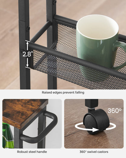 VASAGLE Slim Rolling Cart, 4-Tier Narrow Storage Cart with Handle, 5.1 Inches Deep, Metal Frame, for Kitchen, Dining Room, Living Room, Home Office, Rustic Brown and Classic Black ULRC032B01V1