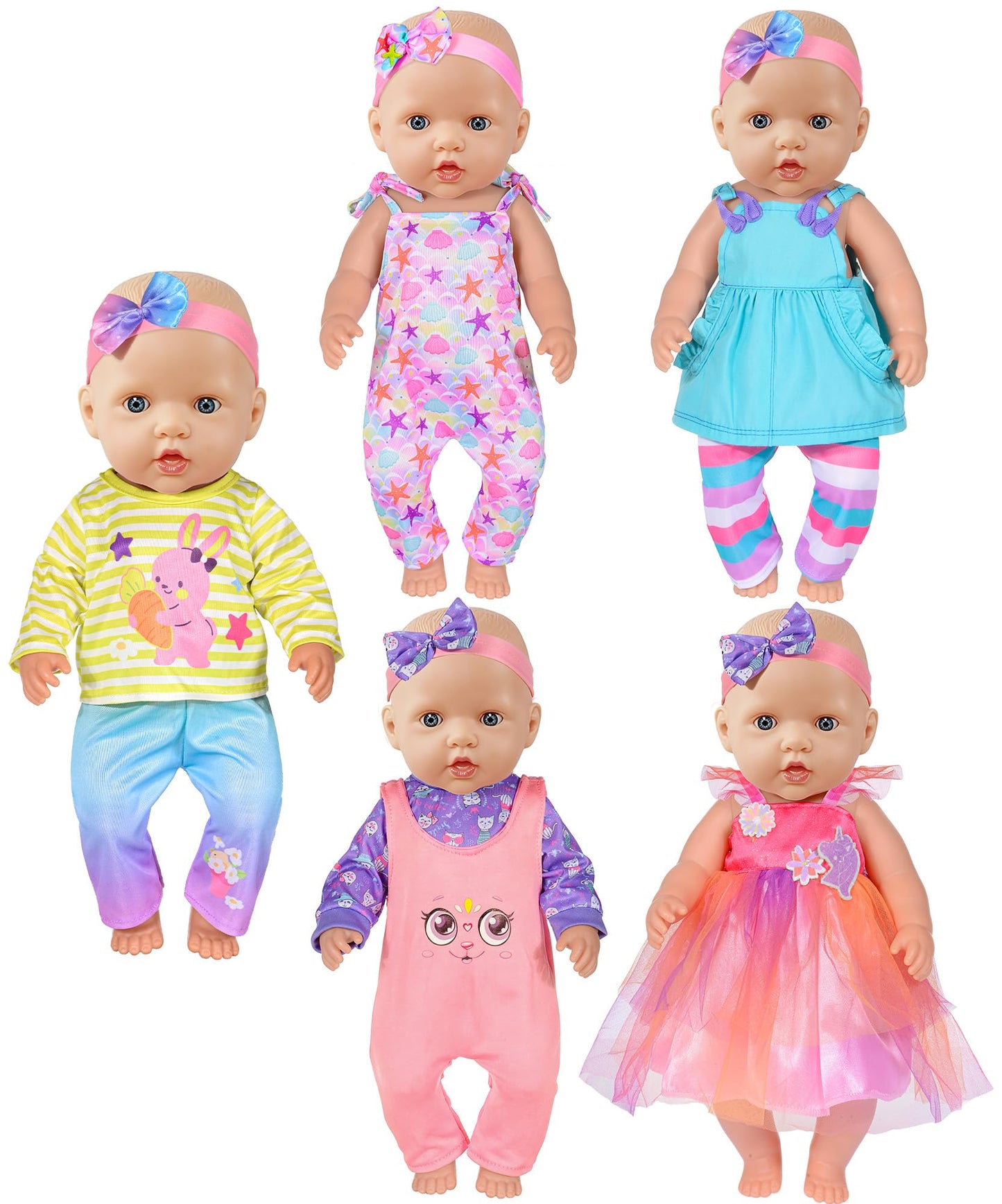 5-Pack Baby Doll Clothes for 15-18 Inch Dolls, Cute Fashion Doll Clothing Set with Matching Headbands, Fits 15" 16" 17" Reborn Baby Dolls, 18" Dolls, Baby Dolls, Gift for Girls (Doll Not Included)