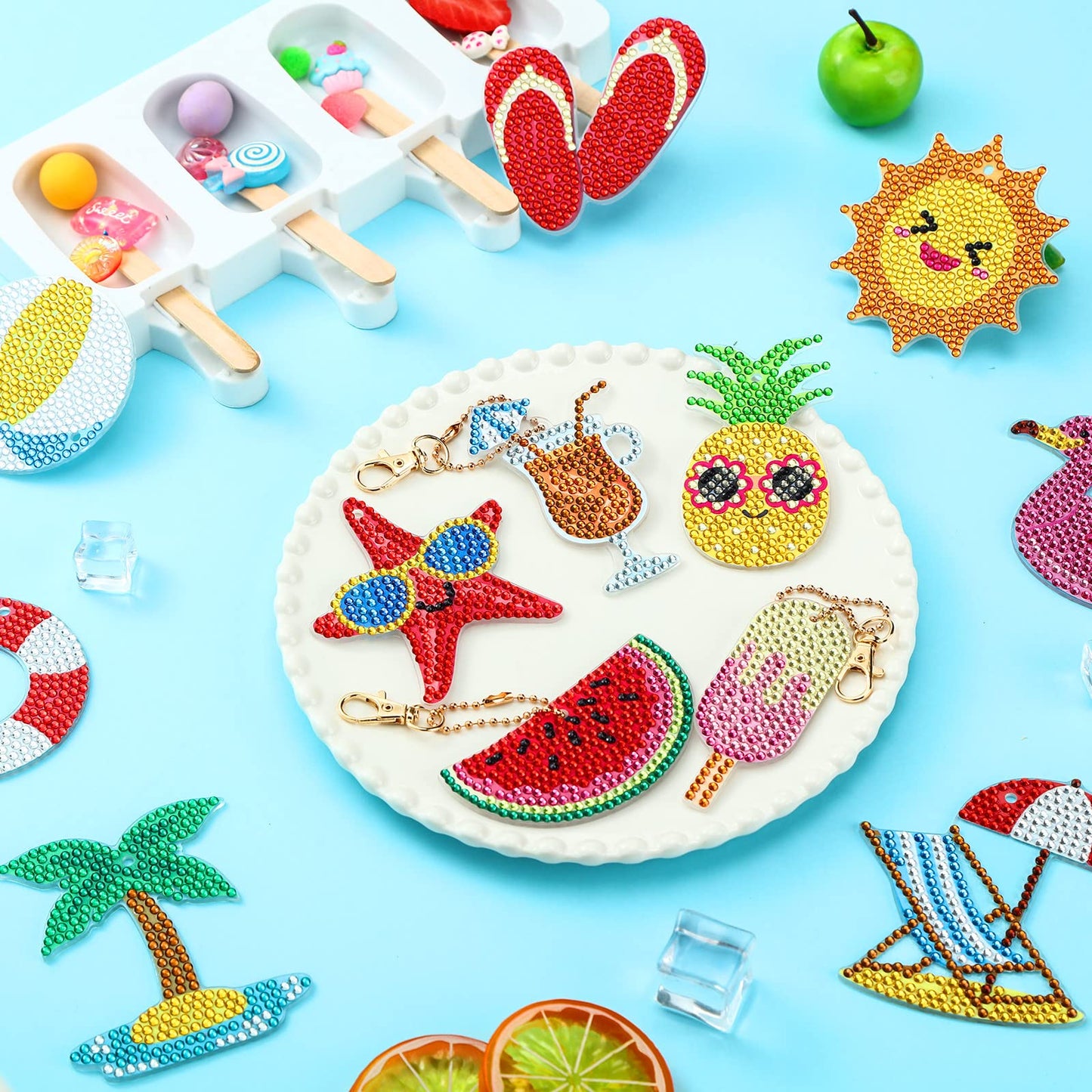 Karenhi 24 Pcs Summer Diamond Painting Keychain Kits 5d DIY Hanging Diamond Art Ornaments Flamingo Pineapple Summer Beach Diamond Decorative Crafts