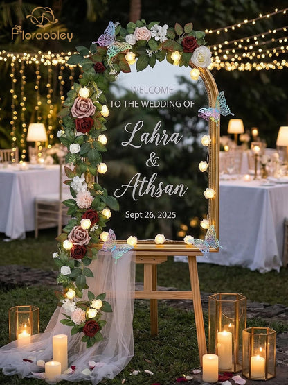 Floraobley 5.5FT Artificial Flower Garland Burgundy Rose & Greenery for Wedding Arch Backdrop Table Centerpiece Mantel Decor, with 3D Butterflies & Decorative Accessories