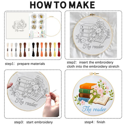 INFUNLY 6 PCS Book and Flower Embroidery Kits for Beginners DIY Cross Stitch Starter Sets for Adults with Instructions Book Cacti Pattern Birds Needlepoint Kits with Embroidery Cloth Hoops Tools