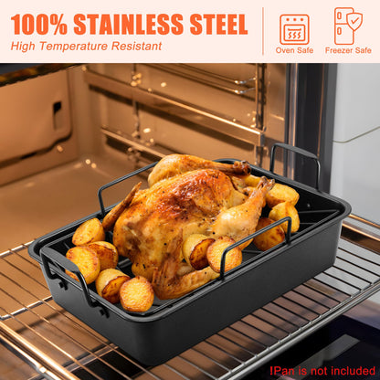 E-far Turkey Roasting Rack, V-Shaped Non-Stick Stainless Steel Rib Rack for Smoking and Grilling, Large Turkey Rack for Oven Roasting Pan, Heavy Duty & Easy Clean, 14.4 x 10 Inches