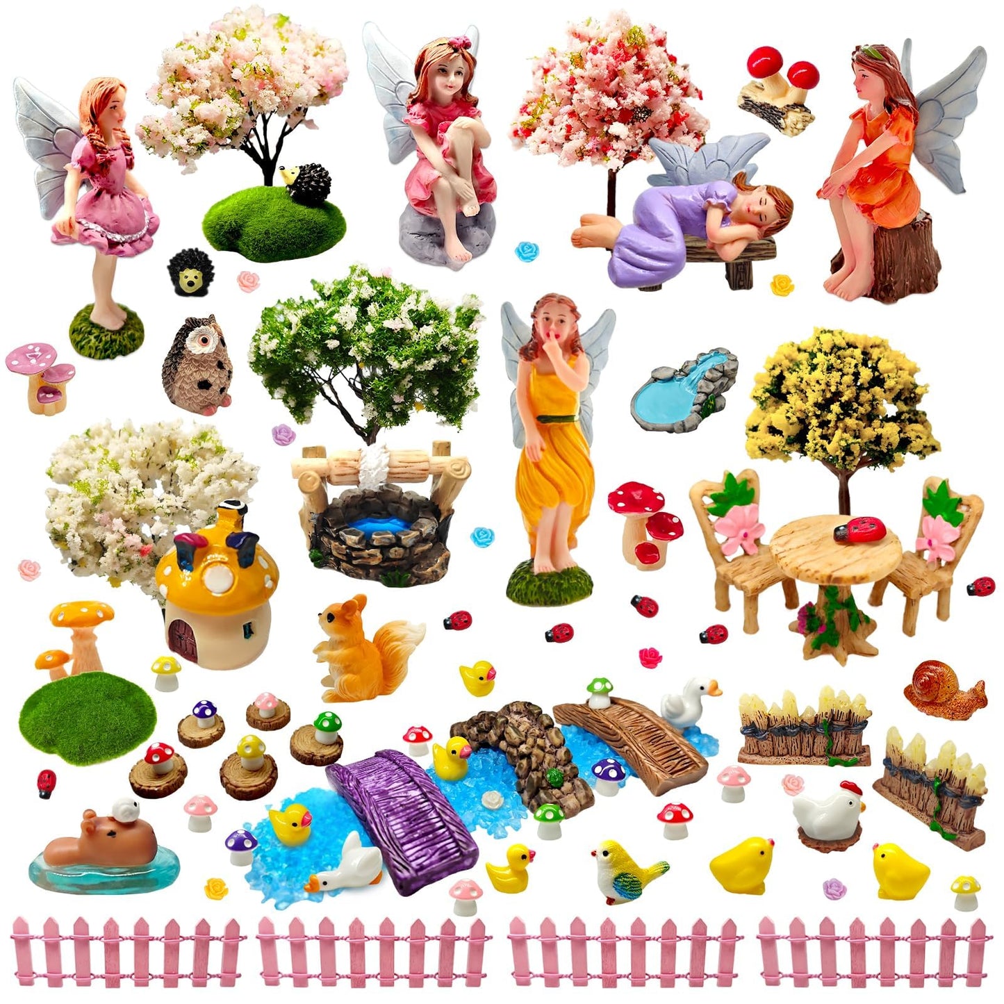 MTWENWENZY 114 Pcs Miniature Fairy Garden Accessories Kit Resin Elves Animal Figurines Decor Micro Landscape Ornaments for DIY Micro Dollhouse