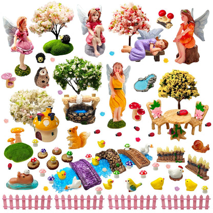 MTWENWENZY 114 Pcs Miniature Fairy Garden Accessories Kit Resin Elves Animal Figurines Decor Micro Landscape Ornaments for DIY Micro Dollhouse