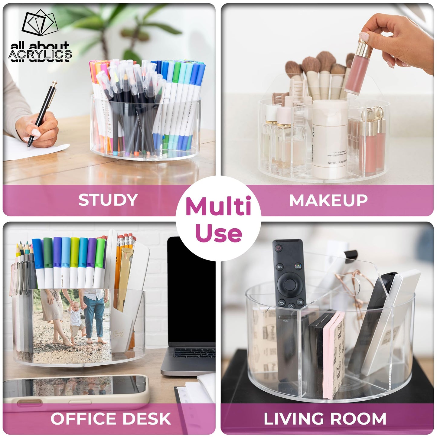 Acrylic Marker Organizer - Multipurpose 360 Rotating Holder for Pencil, Pen, Makeup Brushes, Crayon, Arts and Crafts Supplies - Clear Spinning Lazy Susan Non-Slip Organizing Caddy with Photo Slots