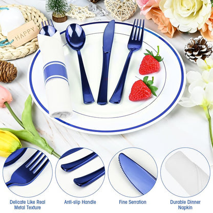 100Pack Blue Pre Rolled Plastic Silverware - Wrapped Blue Rolled Cutlery with Napkins, Heavy Duty Prerolled Plastic Silverware Set, Disposable Utensils with Dinner Napkins for Party