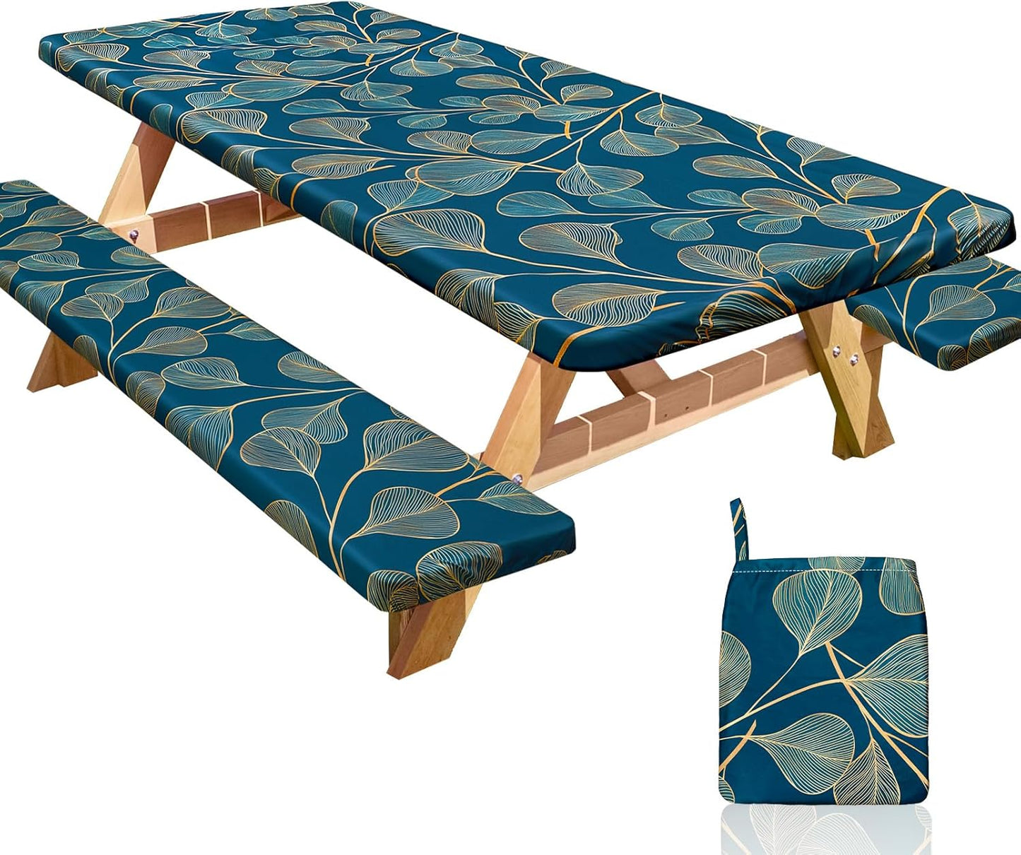 HobbLab Rv,72in,Blue-gray Picnic Table Cover with Bench Covers Portable Table Cloth Built-in Storage Pocket Fitted