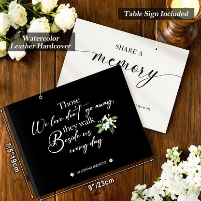 Lanpn Funeral Guest Book for Memorial Service, 100 Pages in Loving Memory Sign in Books for Guests with Memorial Table Sign, Leather Cover Funeral Favors Registry Book, Black